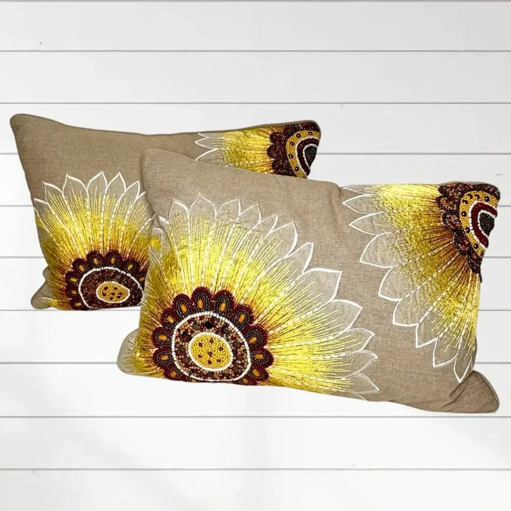 Pier 1 Imports Pillows Lumbar Throw Embroidered Beaded Sunflowers Two 19” x 14”